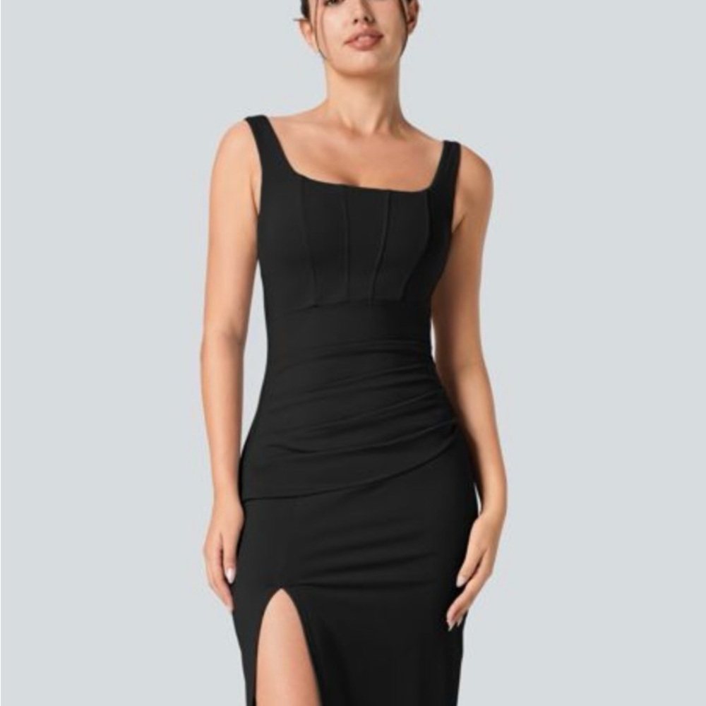 HALARA Black Midi Dress with Side Thigh Slit